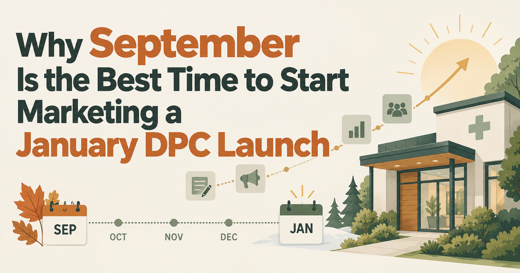 JumpStart DPC Solutions marketing timeline from a September start to a January practice opening