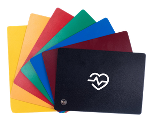 A black card with a heart rate symbol and a fan of colored cards fanned behind it.
