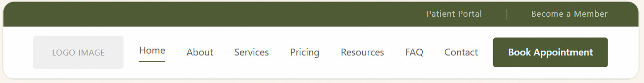Website header with navigation links and a green “Book Appointment” button on a white background