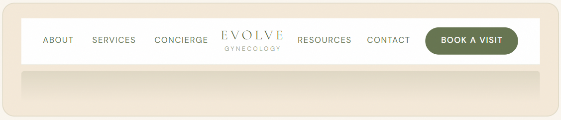 Website navigation bar with white links and a dark green