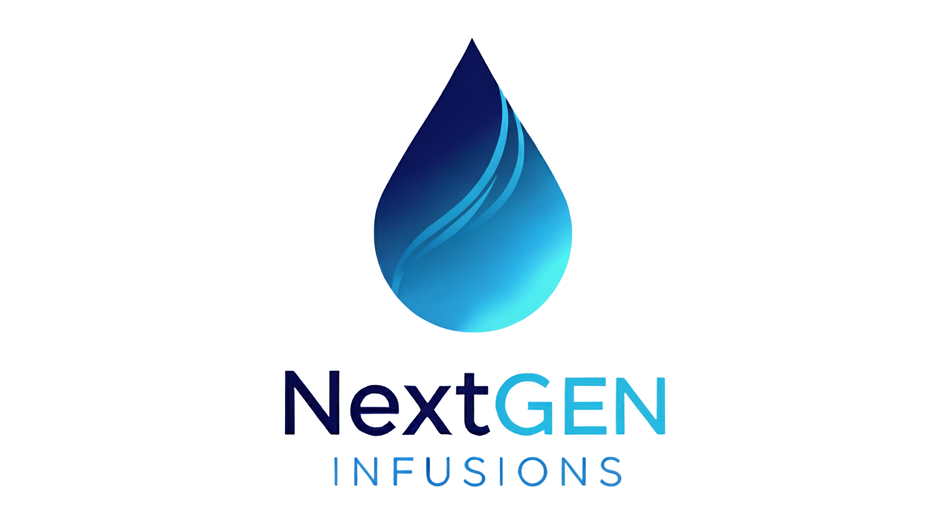 Logo of NextGEN Infusions featuring a blue gradient teardrop with flowing lines, and text