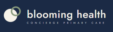 Blooming Health logo on a dark blue background, with white and green text and a circular leaf icon.
