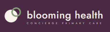 Blooming Health logo on a purple background with green and white circular icon and tagline “Concierge Primary Care”