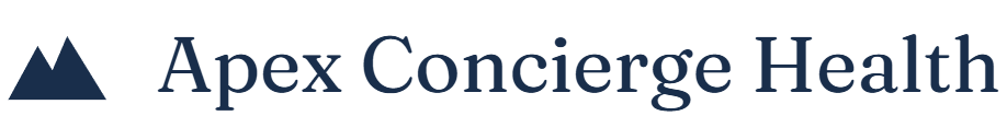 Apex Concierge Health logo with dark blue mountains and serif text on a white background