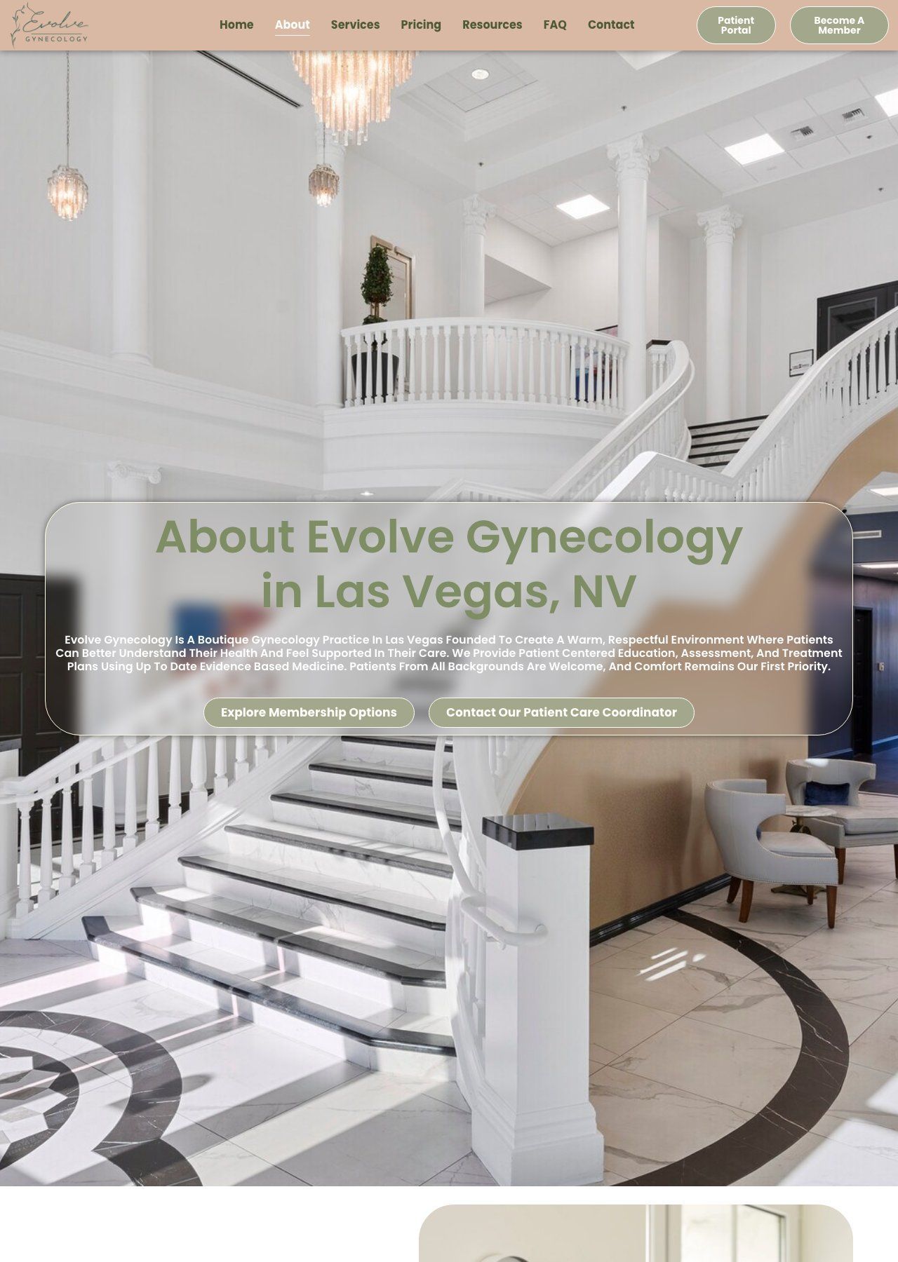 Elegant white clinic lobby with staircase and text overlay for Evolve Gynecology in Las Vegas, NV