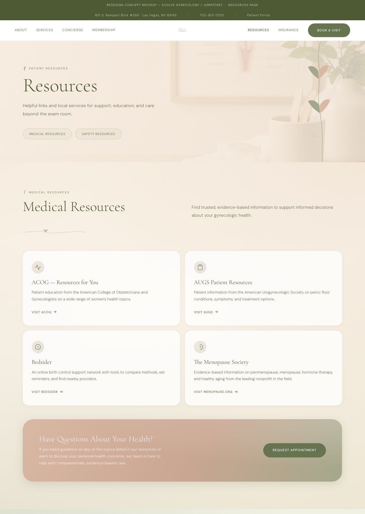 Resources webpage with beige hero banner and cards for meditation and self-care articles
