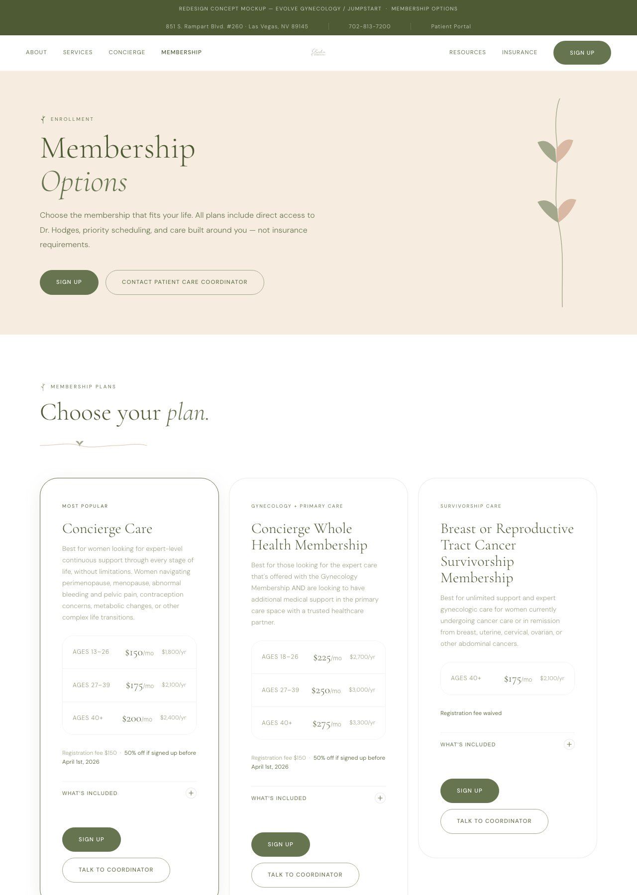 Membership options page with beige header and three pricing plan cards below