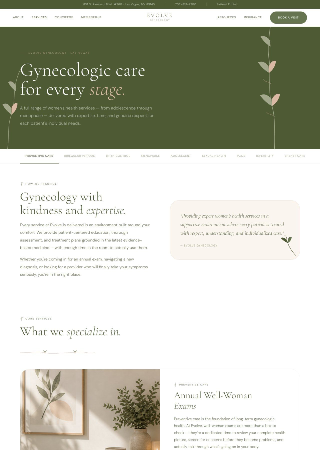 Website homepage for gynecology care, with green banner, white text, and plant illustrations
