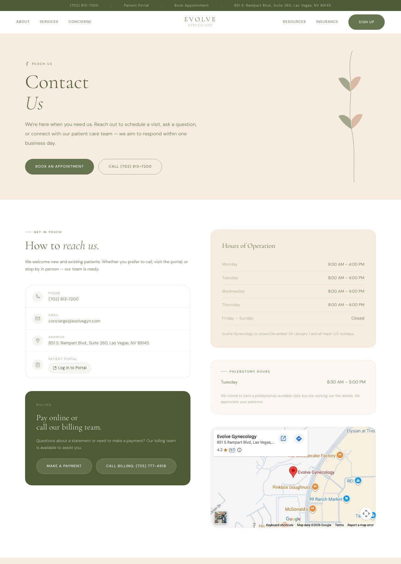 Minimal beige-and-olive contact page with form, contact details, and map in a clean web layout