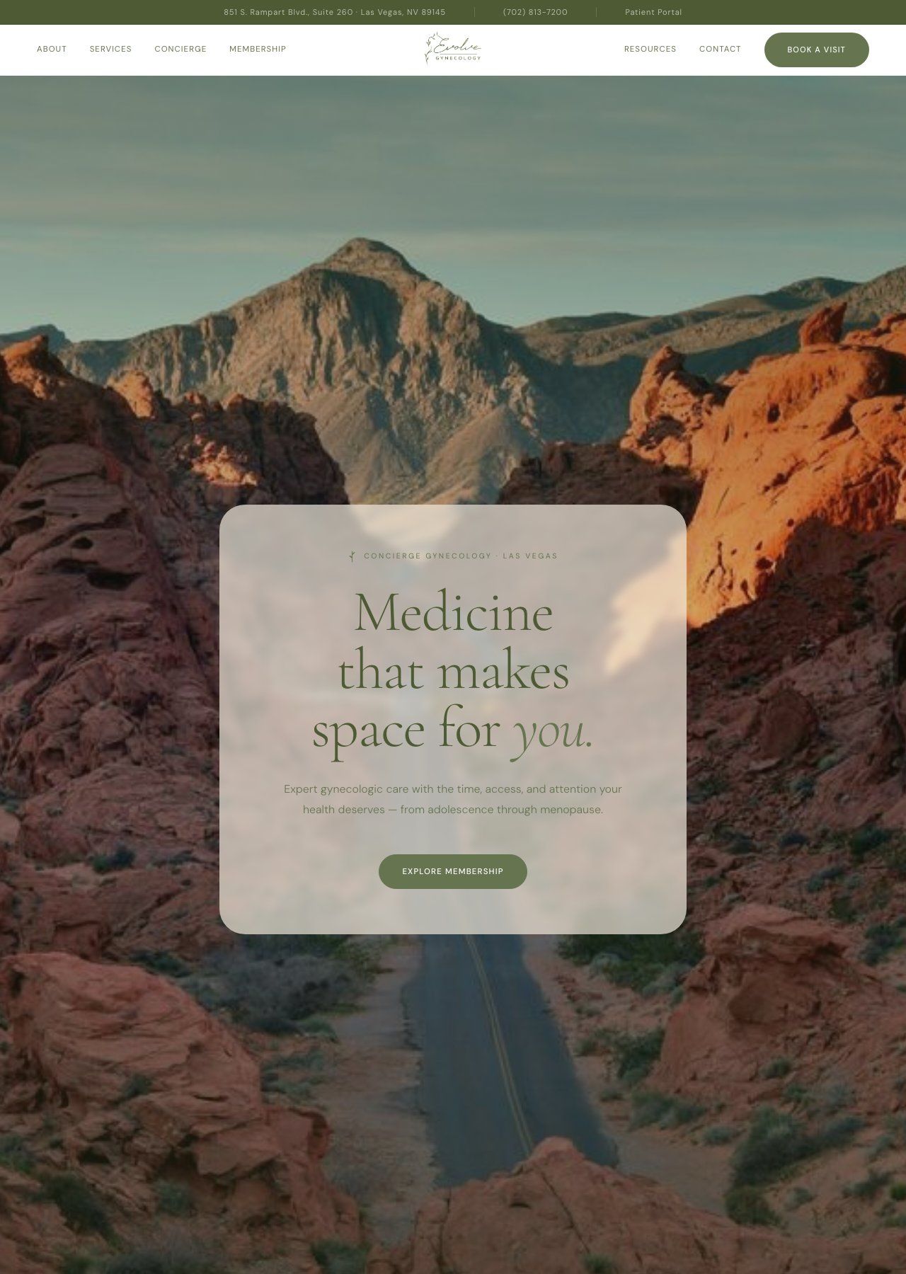 Website hero banner with mountains and road, overlaid by a centered card reading “Medicine that makes space for you.”