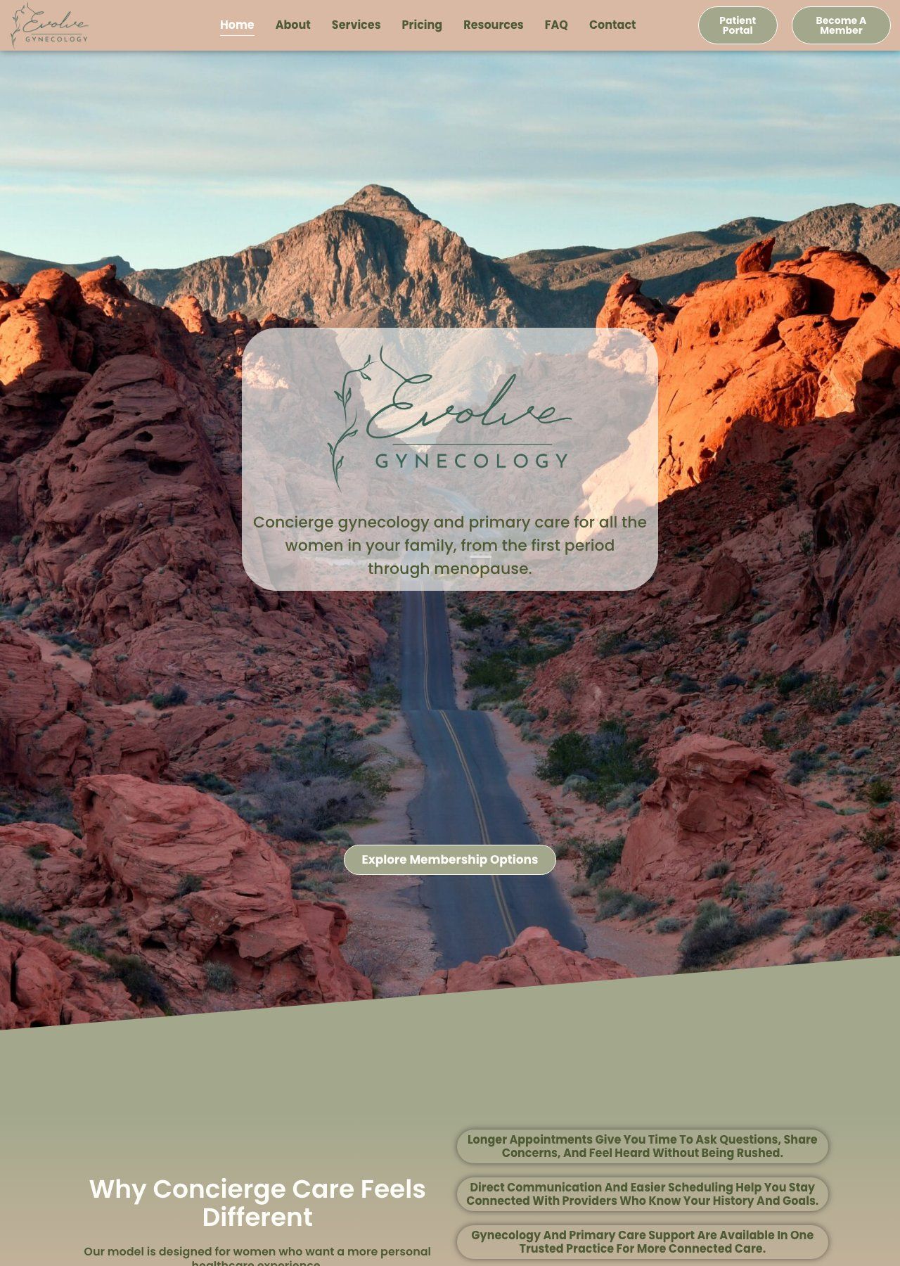 Website homepage with desert canyon hero image, centered text overlay, and navigation bar