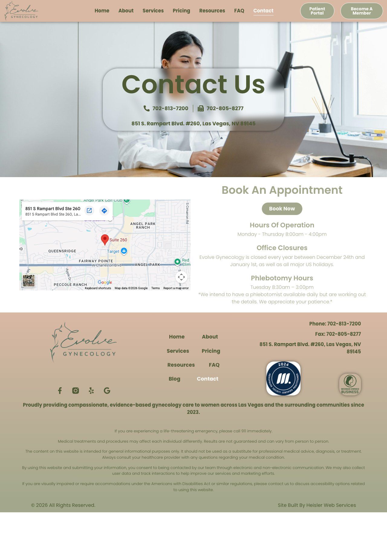 Website “Contact Us” page with a map, appointment details, and a photo of a woman at a desk