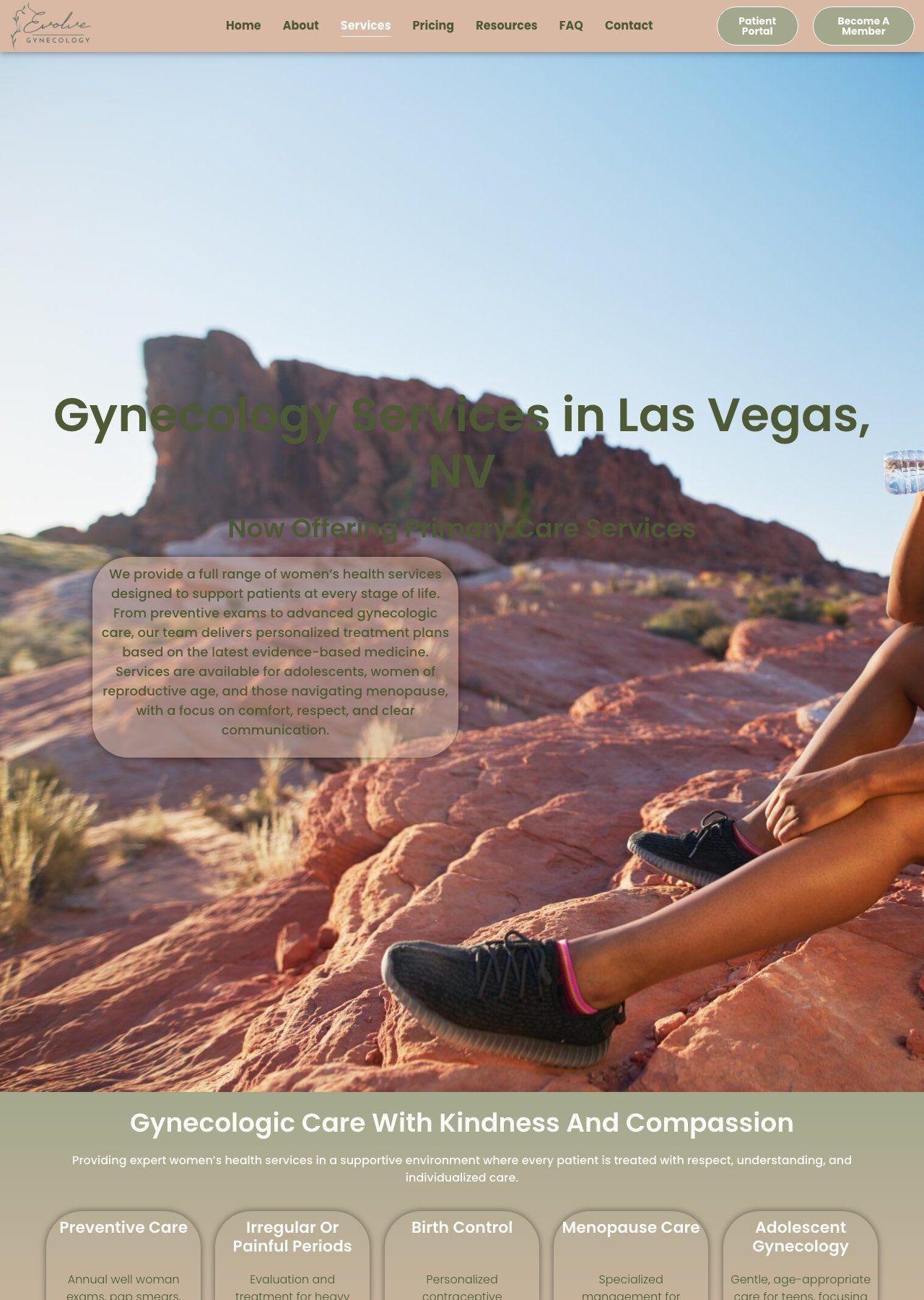 Desert canyon landscape with a seated woman and headline for gynecology services in Las Vegas