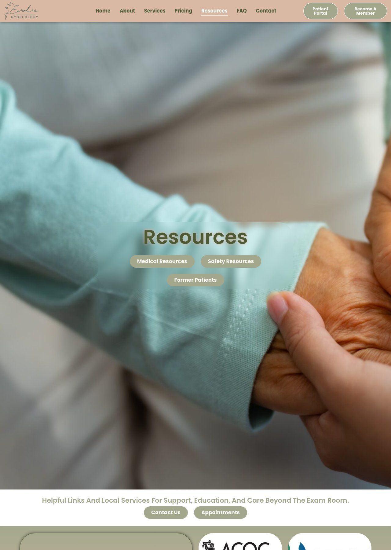 Hands clasped in support beneath a “Resources” webpage banner with menu tabs and buttons.