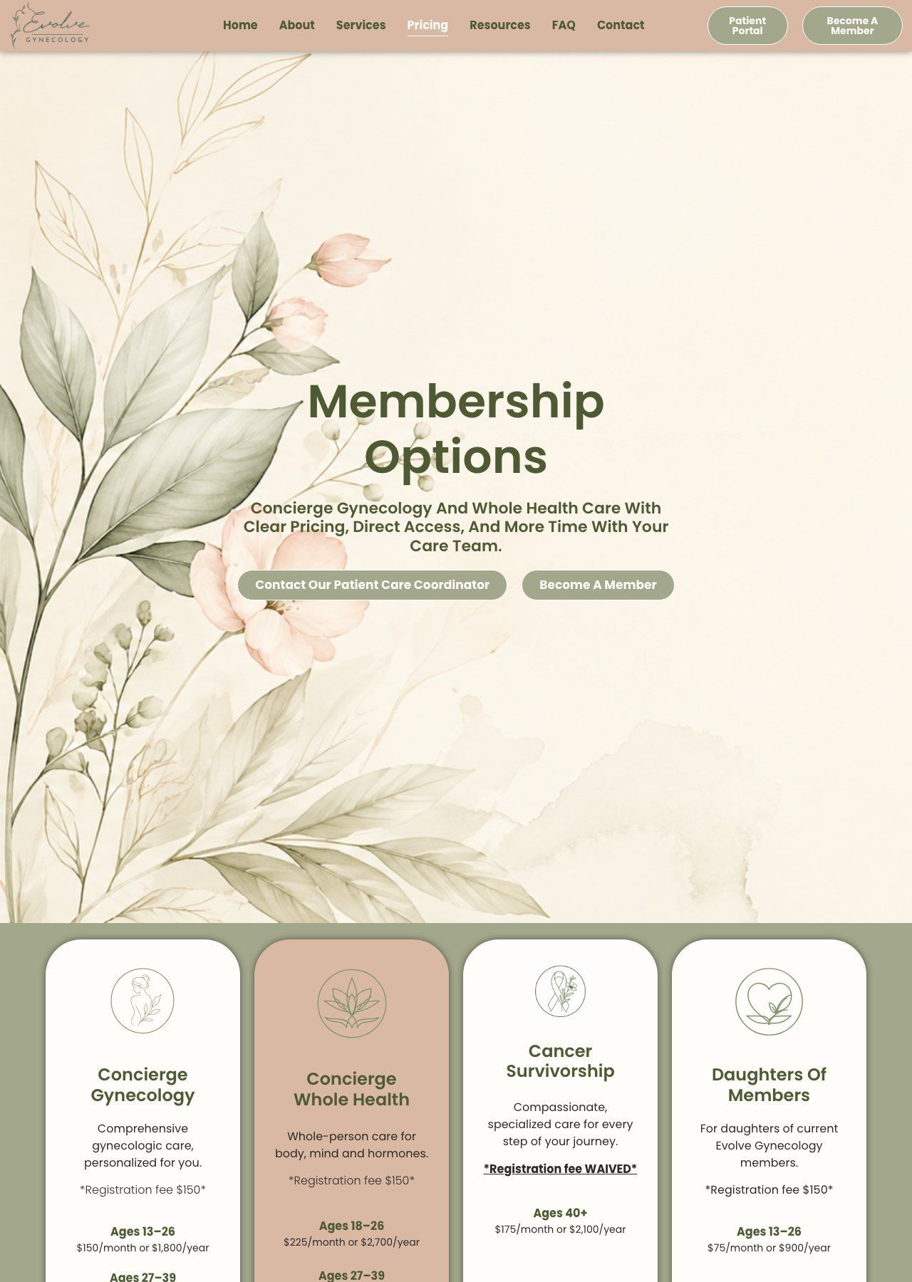 Membership options page with floral beige design and four pricing cards at the bottom