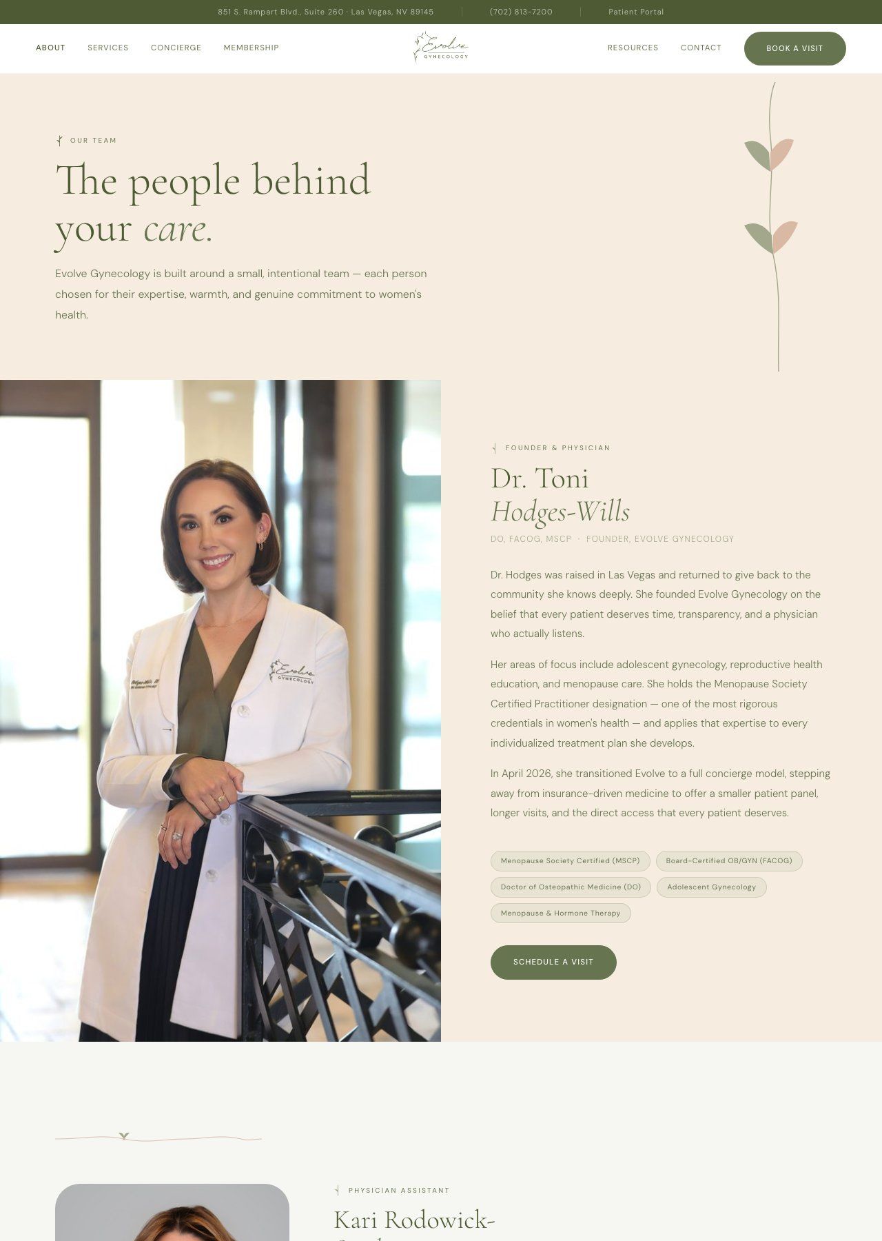 Clinic staff member in a white coat standing by a railing in a soft beige “The people behind your care” webpage section