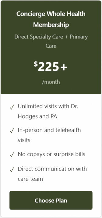 Concierge Whole Health Membership ad with $225+ monthly price and green “Choose Plan” button