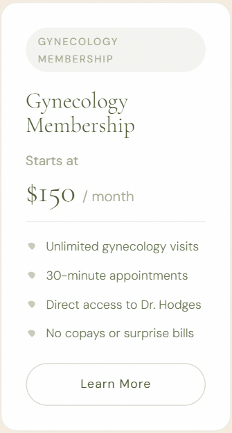 Gynecology Membership promo card with $150/month pricing and a Learn More button