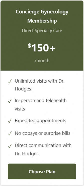 Concierge gynecology membership card with $150+ monthly price and a “Choose Plan” button