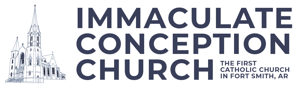 Immaculate Conception Church logo with sketch of a church and text: “The First Catholic Church in Port Arthur, AK.”