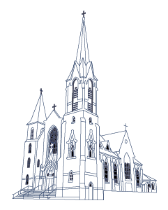Sketch of a Gothic-style church with tall steeple and arched windows on a white background