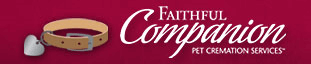 Faithful Companion pet cremation services logo with a tan dog collar and silver heart tag on a burgundy background