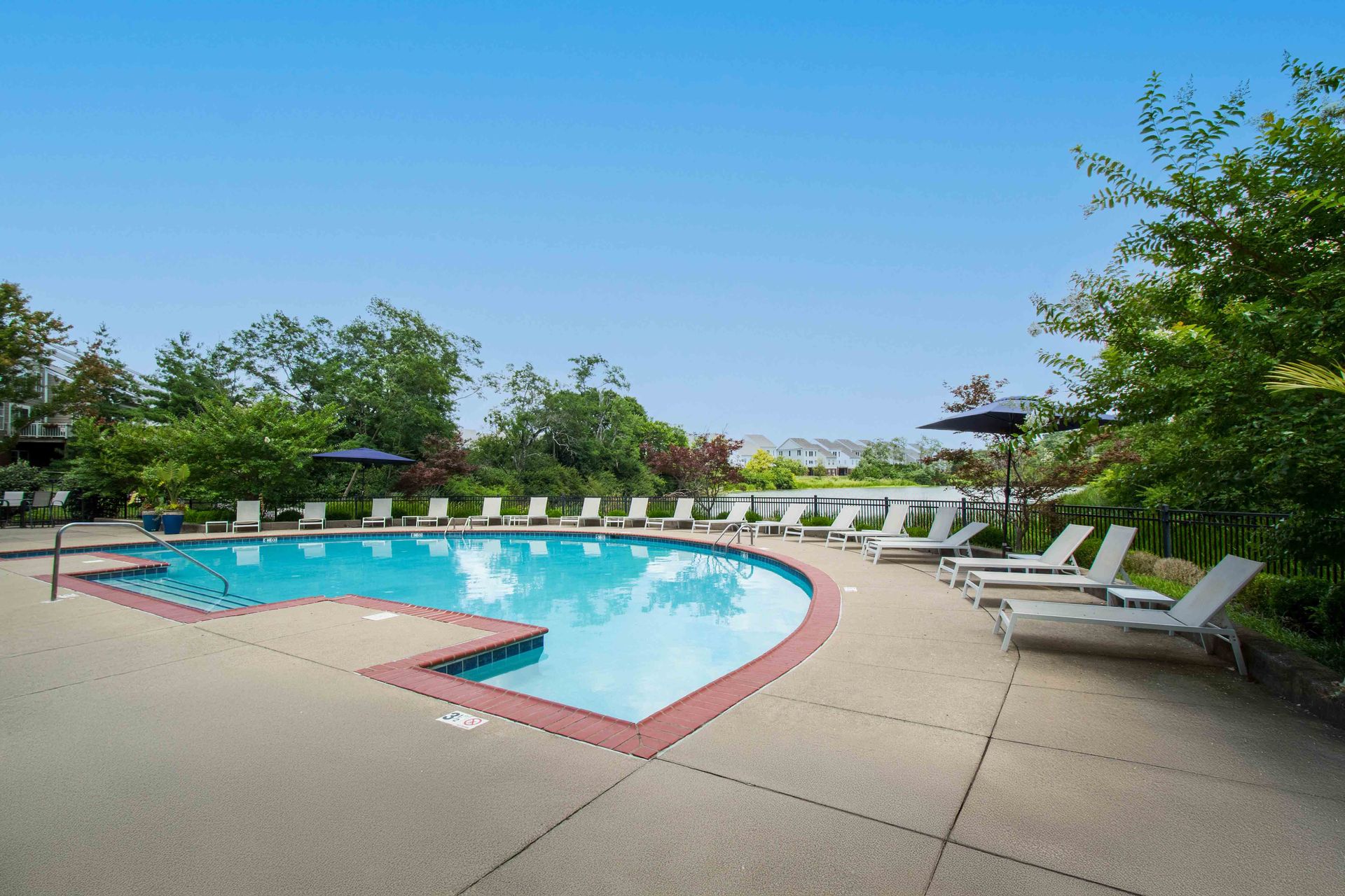 Pool with lounge chairs surrounded by trees, under a blue sky at Hamburg Farms, offers apartments for rent in Lexington, KY.