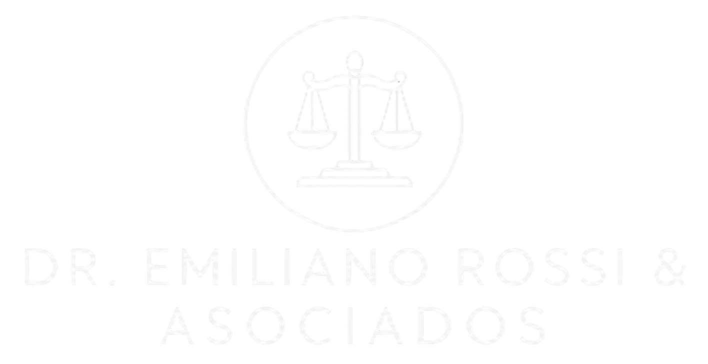 Logotipo con icono de balanza y texto tenue que dice “DR. EMILIANO ROSSI & ASOCIADOS”