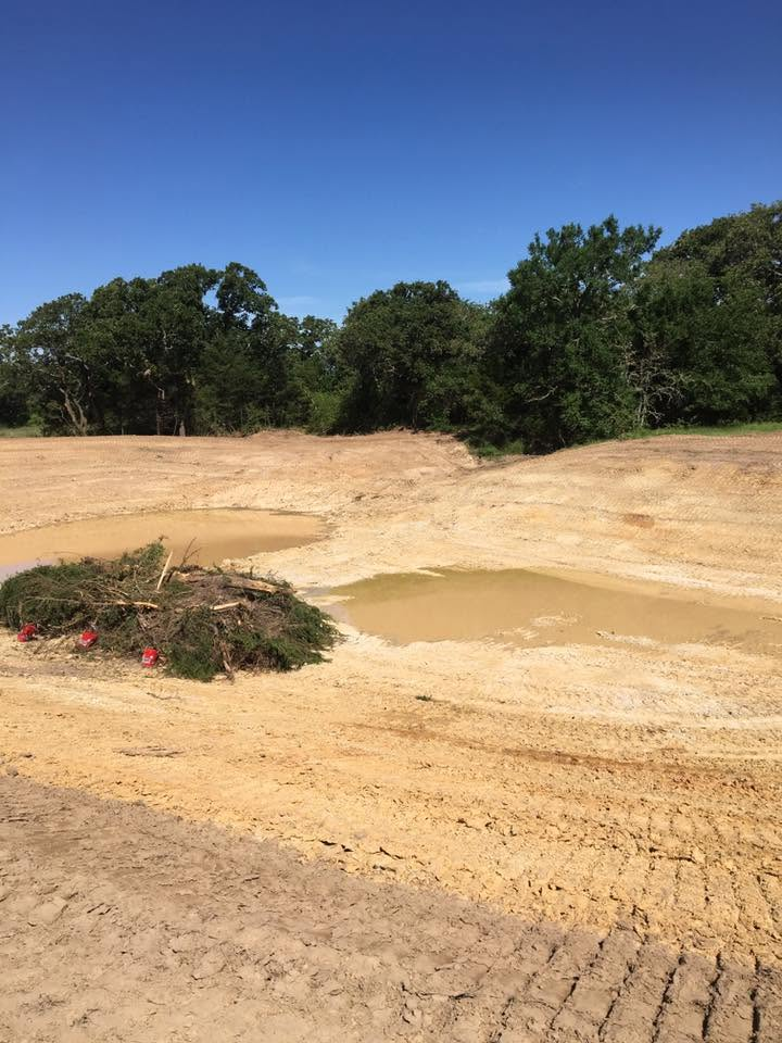 Sandy construction site with muddy pond, pile of brush, and trees under a clear blue sky