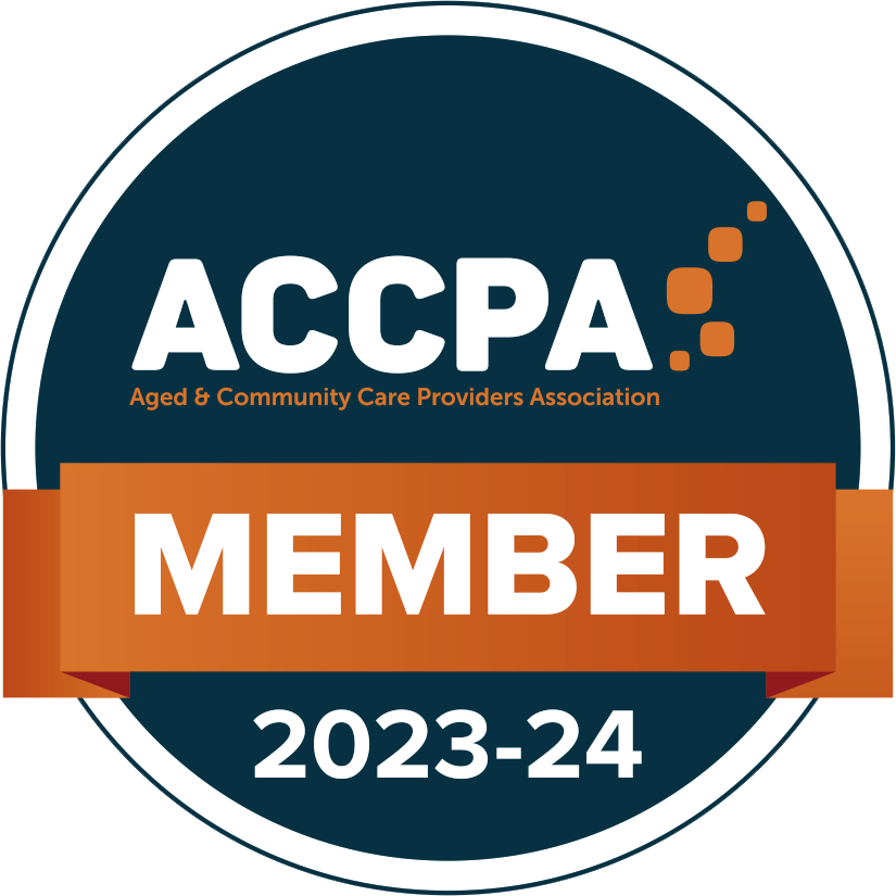 ACPA Member badge, navy blue circle with orange banner, white text