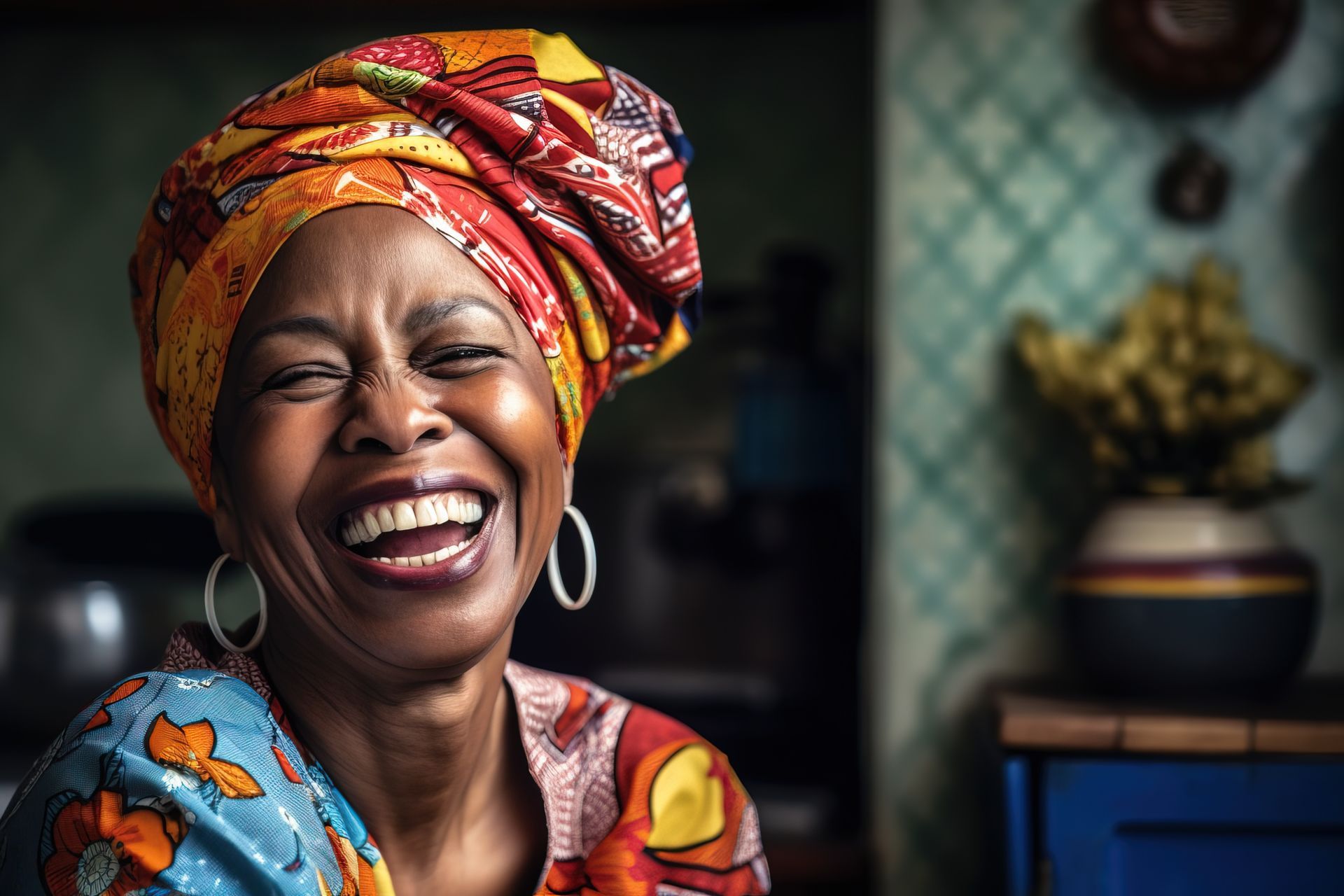 A woman wearing a turban and earrings is laughing.