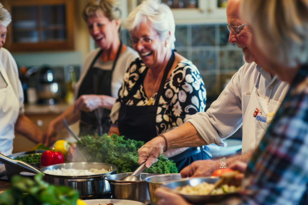 Seniors cooking together and preparing a meal at a Cook & Connect Group session
