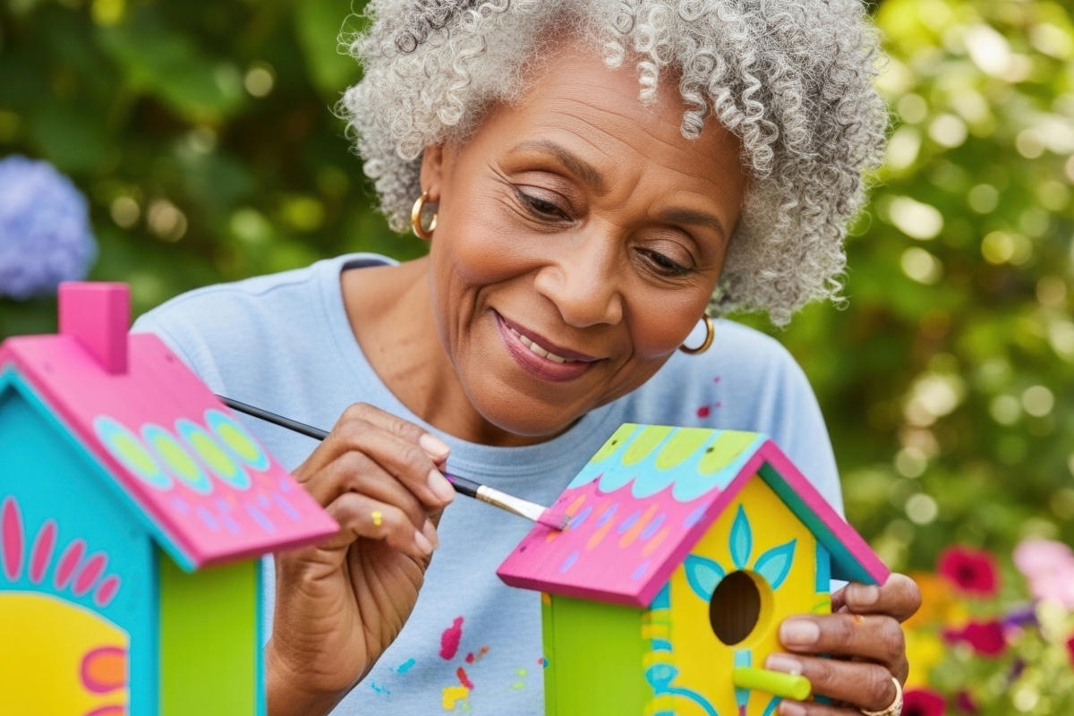 Senior woman painting a decorative birdhouse at an Arts & Craft Group session