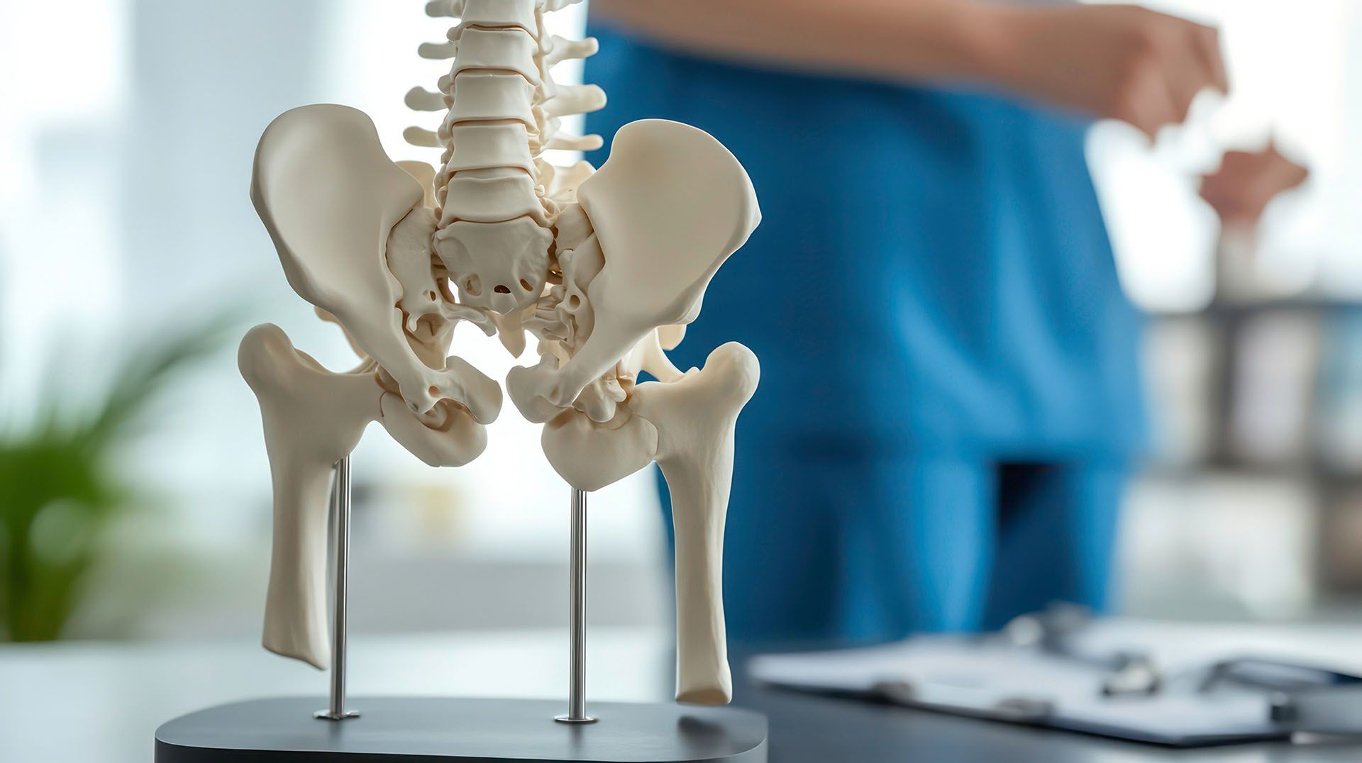 A skeleton model of a woman 's pelvis is sitting on a table.