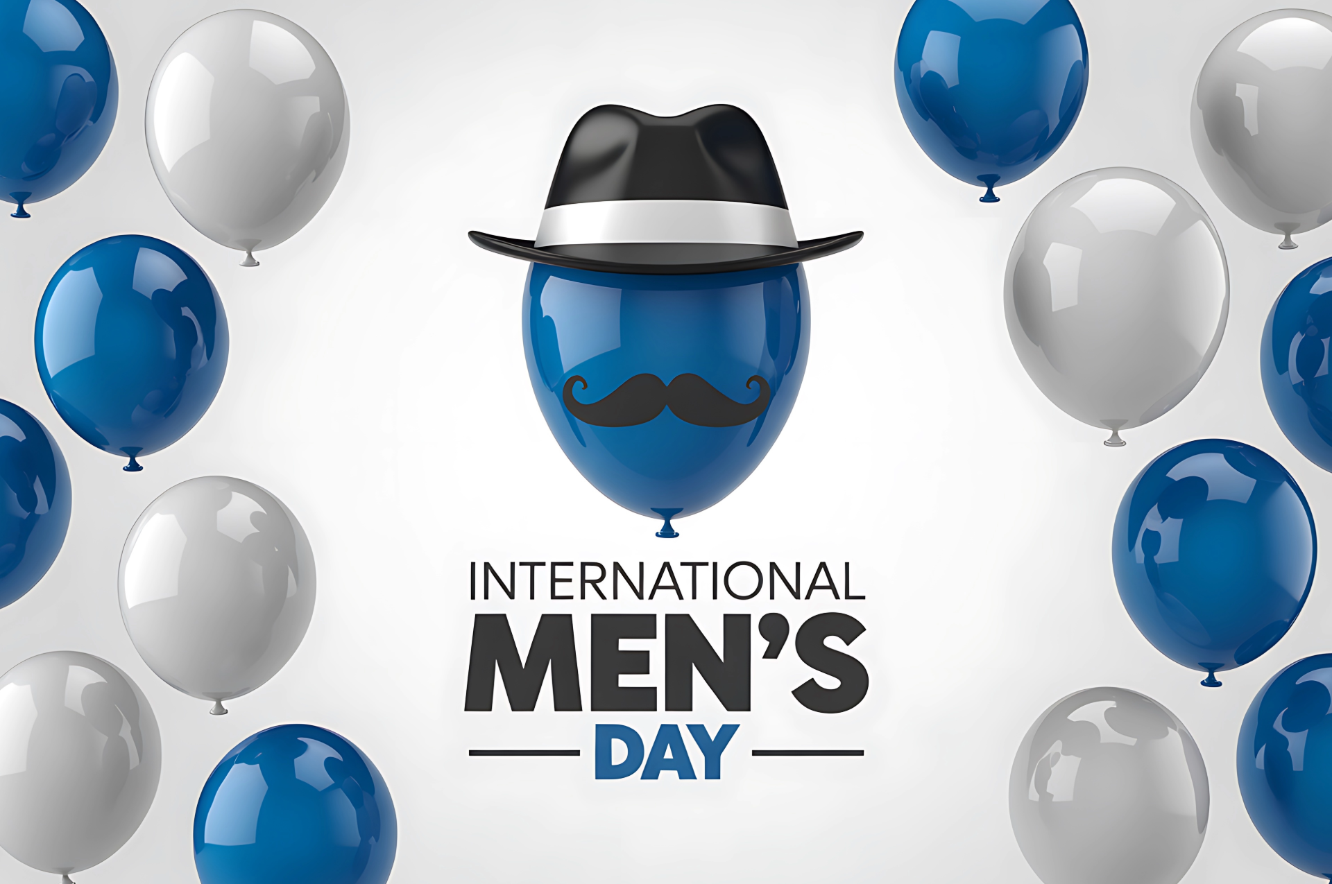 Blue balloon with a hat and mustache, surrounded by blue and white balloons; 