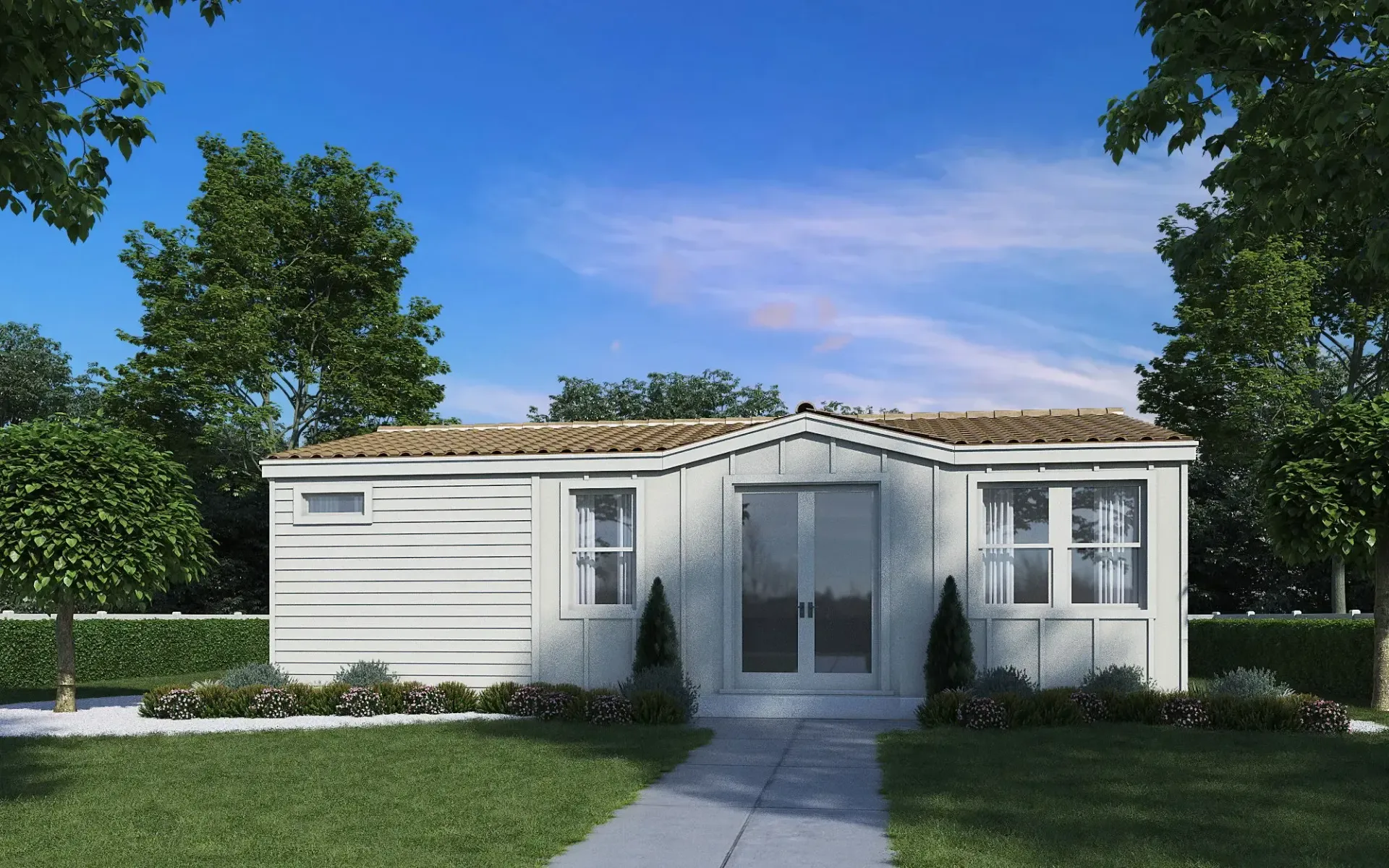 Perpetual Homes ADU: White modular home with a paved walkway, trees, and blue sky.
