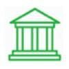 Green illustration of a building with columns and a triangular roof.