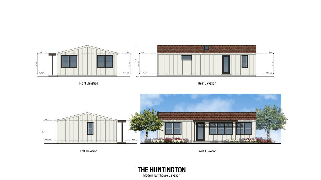 Perpetual Homes ADU: Architectural renderings of a modern house; views of side, front, and roof details.