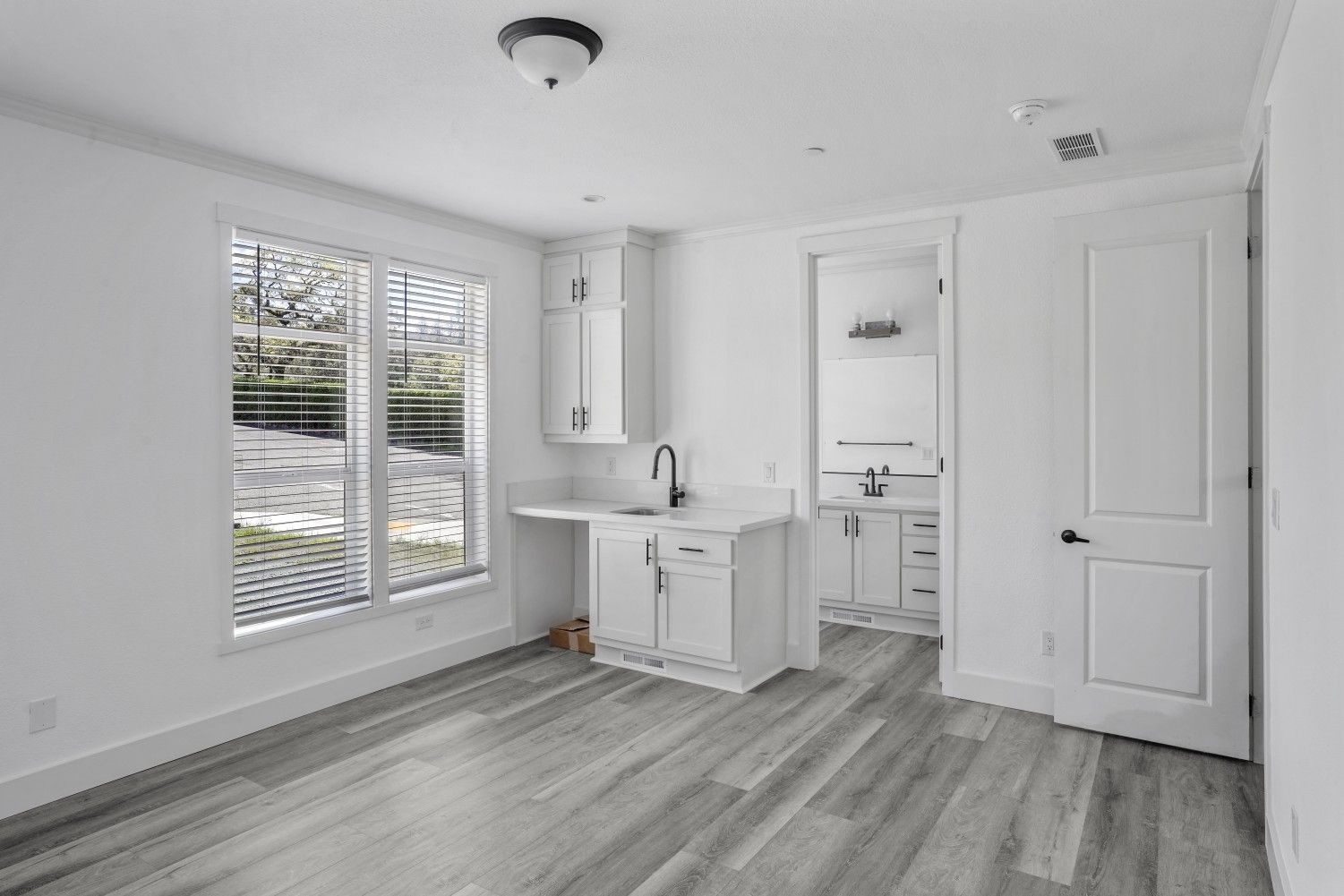Perpetual Homes ADU: Empty room with built-in white cabinets, a sink, and a door to a bathroom. Large window with a view.