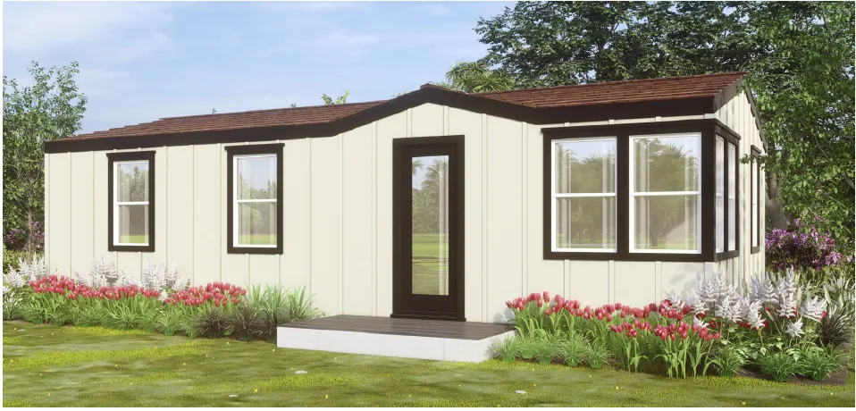 Perpetual Homes ADU: Exterior rendering of a cream-colored house with black trim. Brown roof, yard has flowers, and grass.