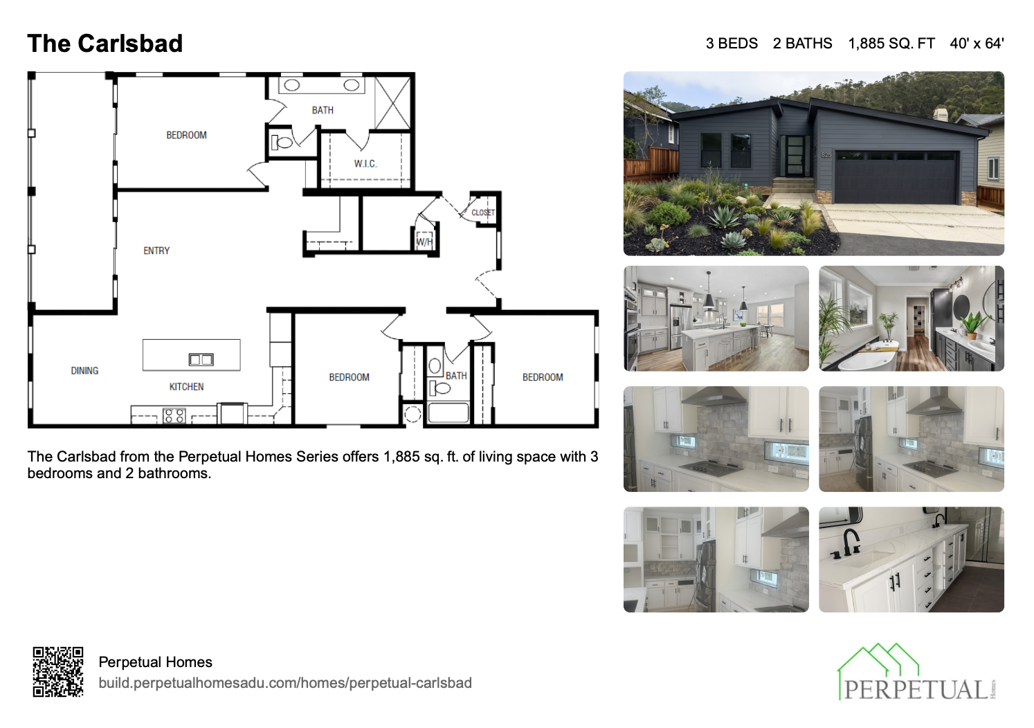 The Carlsbad from the Perpetual Homes ADU Series offers 1,885 sq. ft. of living space with 3 bedrooms and 2 bathrooms.