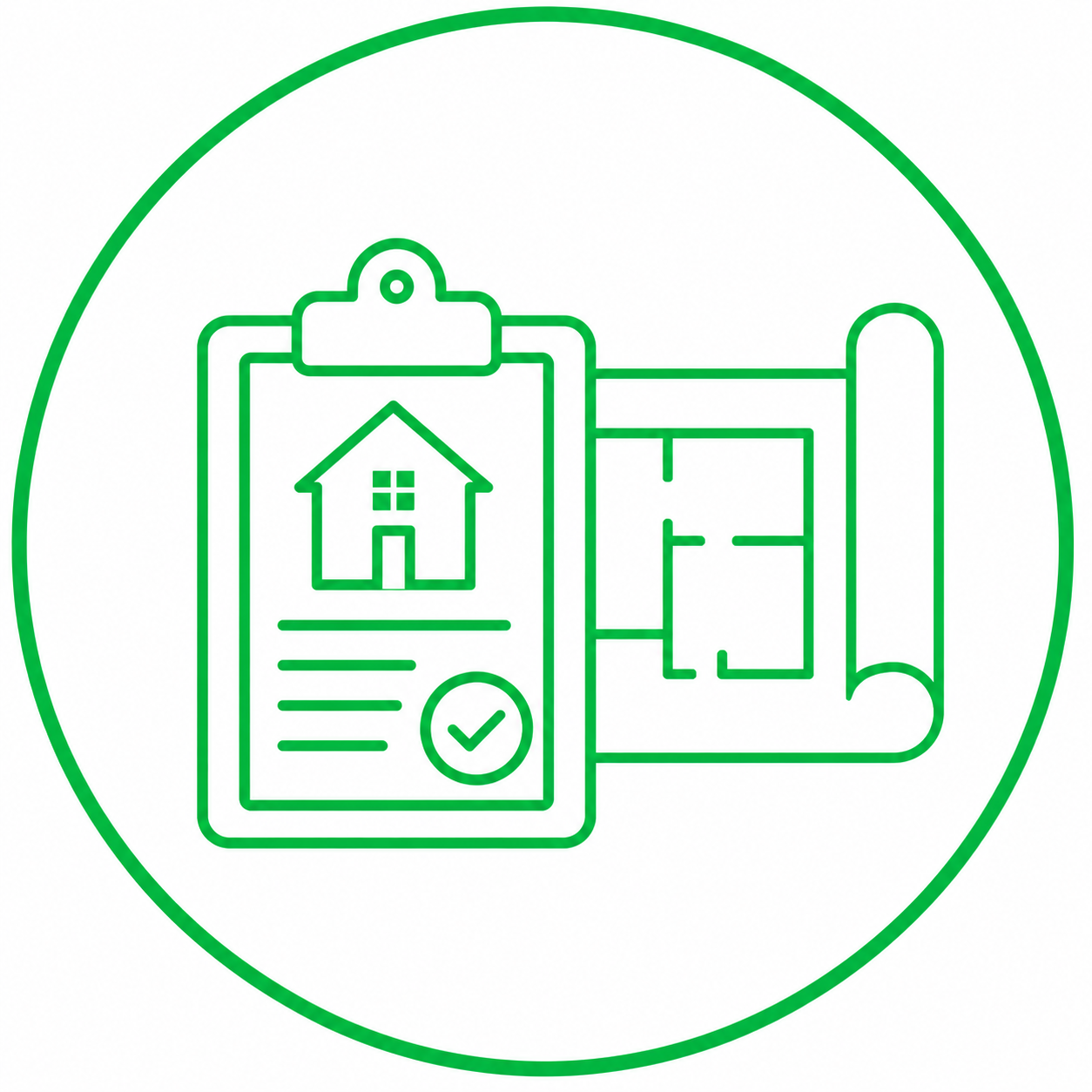 Green outline icon of a clipboard with a house checklist and rolled blueprint inside a circle
