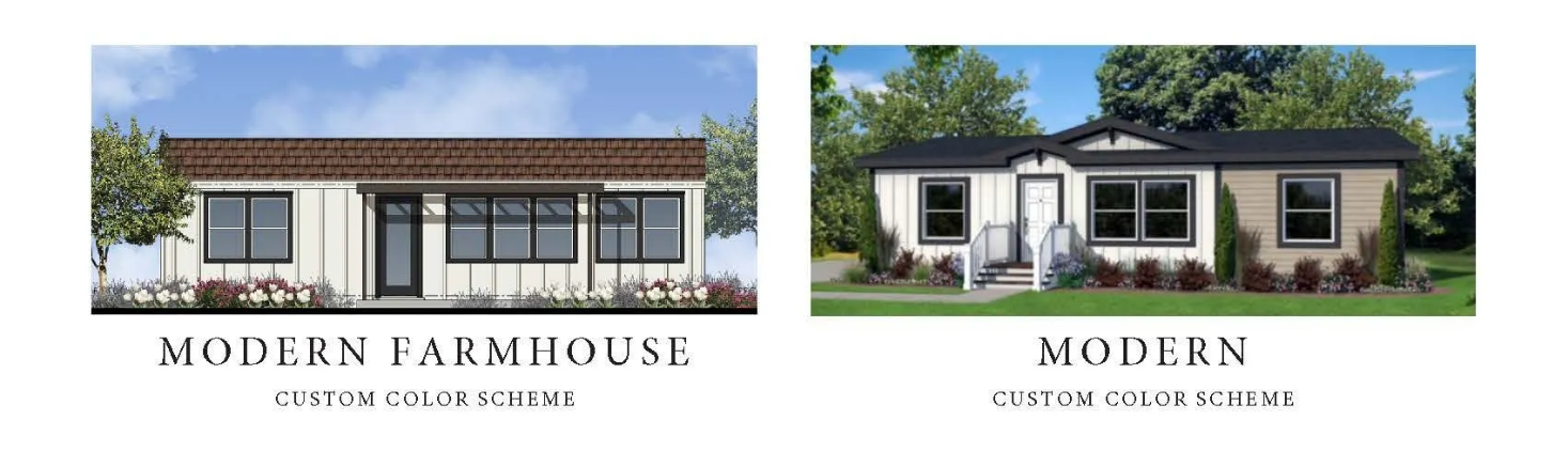 Perpetual Homes ADU: Two house renderings: Modern Farmhouse (white, brown roof) and Modern (white, black roof).