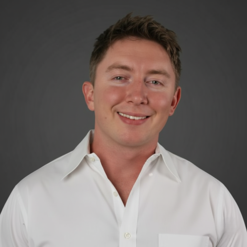John Persee, Perpetual Homes ADU. Man in a white button-down shirt smiles at the camera against a grey backdrop.