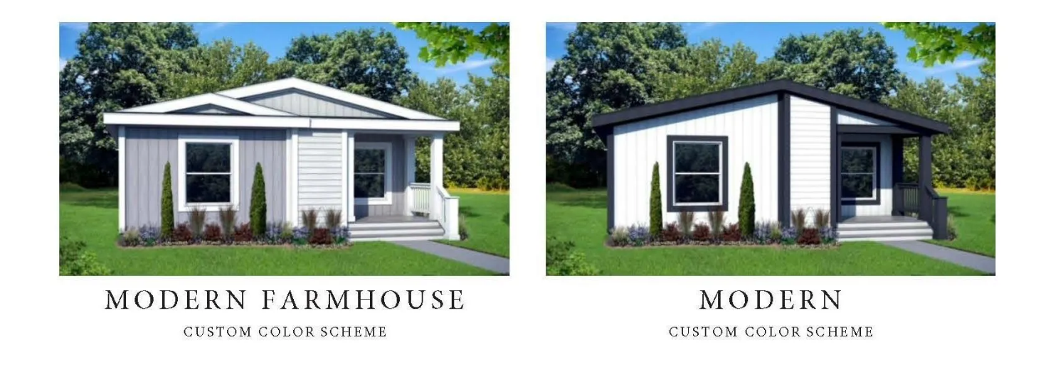 Perpetual Homes ADU: Two house illustrations, one Modern Farmhouse (gray), the other Modern (white), both on green lawns.