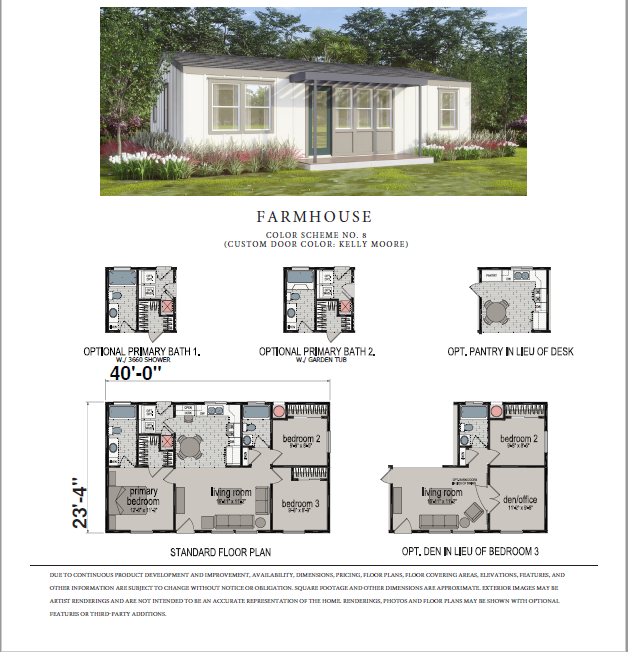 Perpetual Homes ADU: Architectural rendering of a farmhouse with floor plans, including an optional primary bath and den.