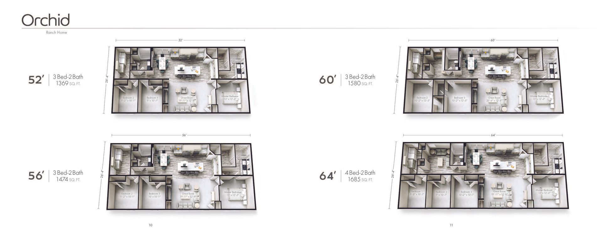 Perpetual Homes ADU: Floor plan layouts of the Orchid, with differing amounts of rooms: 3-5, across two rows.