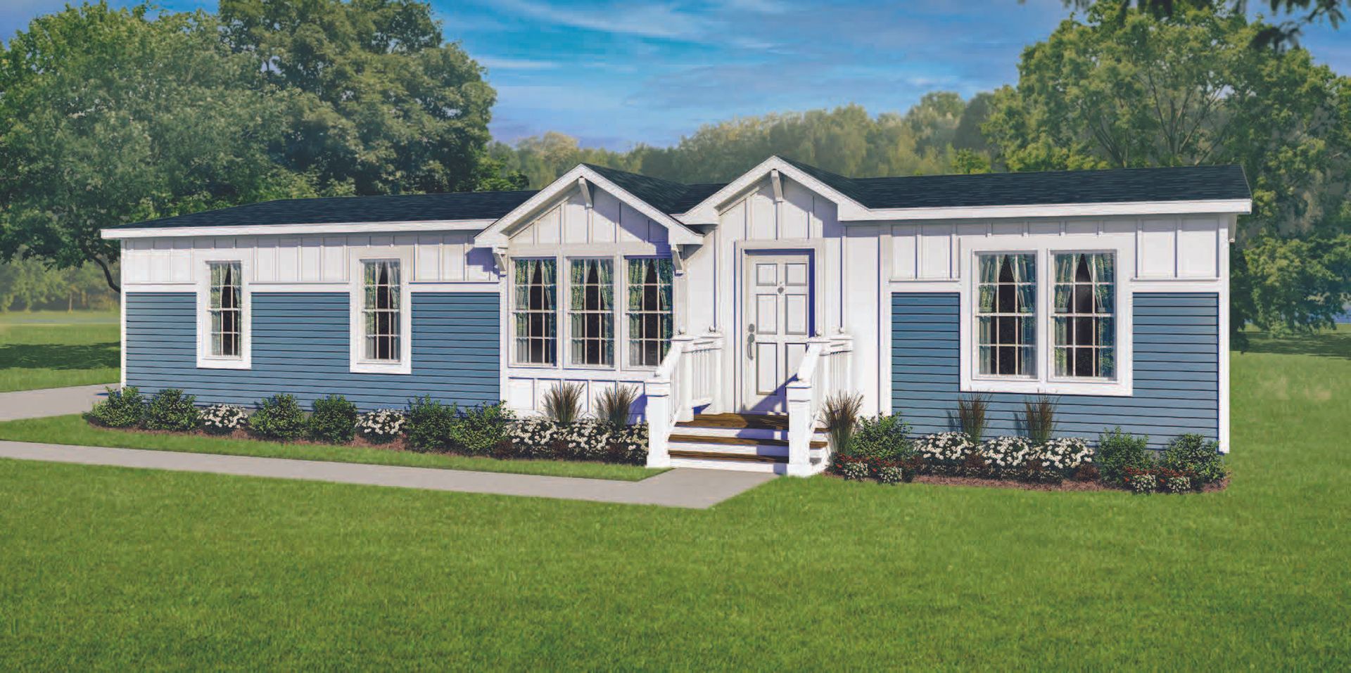 Perpetual Homes ADU: A small, blue and white house with a green lawn. Trees are in the background.