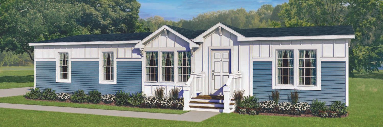 Perpetual Homes ADU: Blue and white farmhouse-style home with landscaping and green grass.
