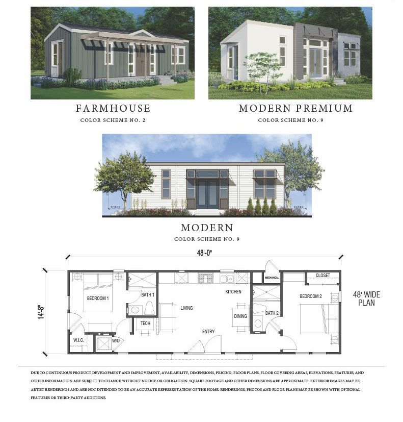 Perpetual Homes ADU: Three house exterior renderings and a floor plan for a modular home.